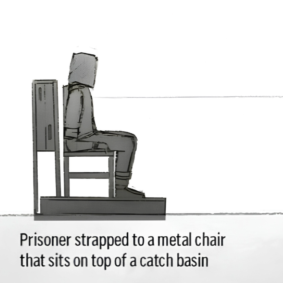 Prisoner strapped to a metal chair that sits on top of a catch basin